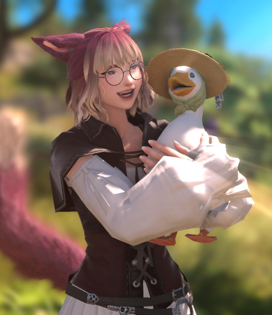 With her duck, Puddles